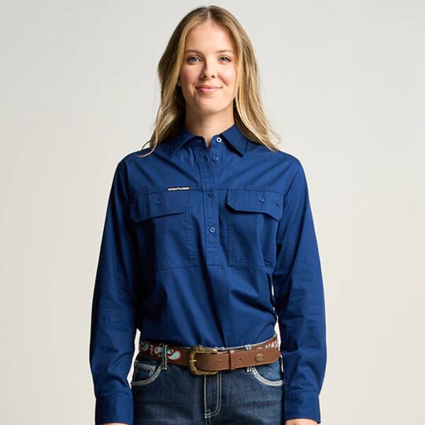 SOMERSET | Womens Half Button Long Sleeve Work Shirt - Navy Thumbnail
